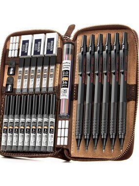 30PCS Black Metal Mechanical Pencil Set with Leather Case - Perfect for Artists